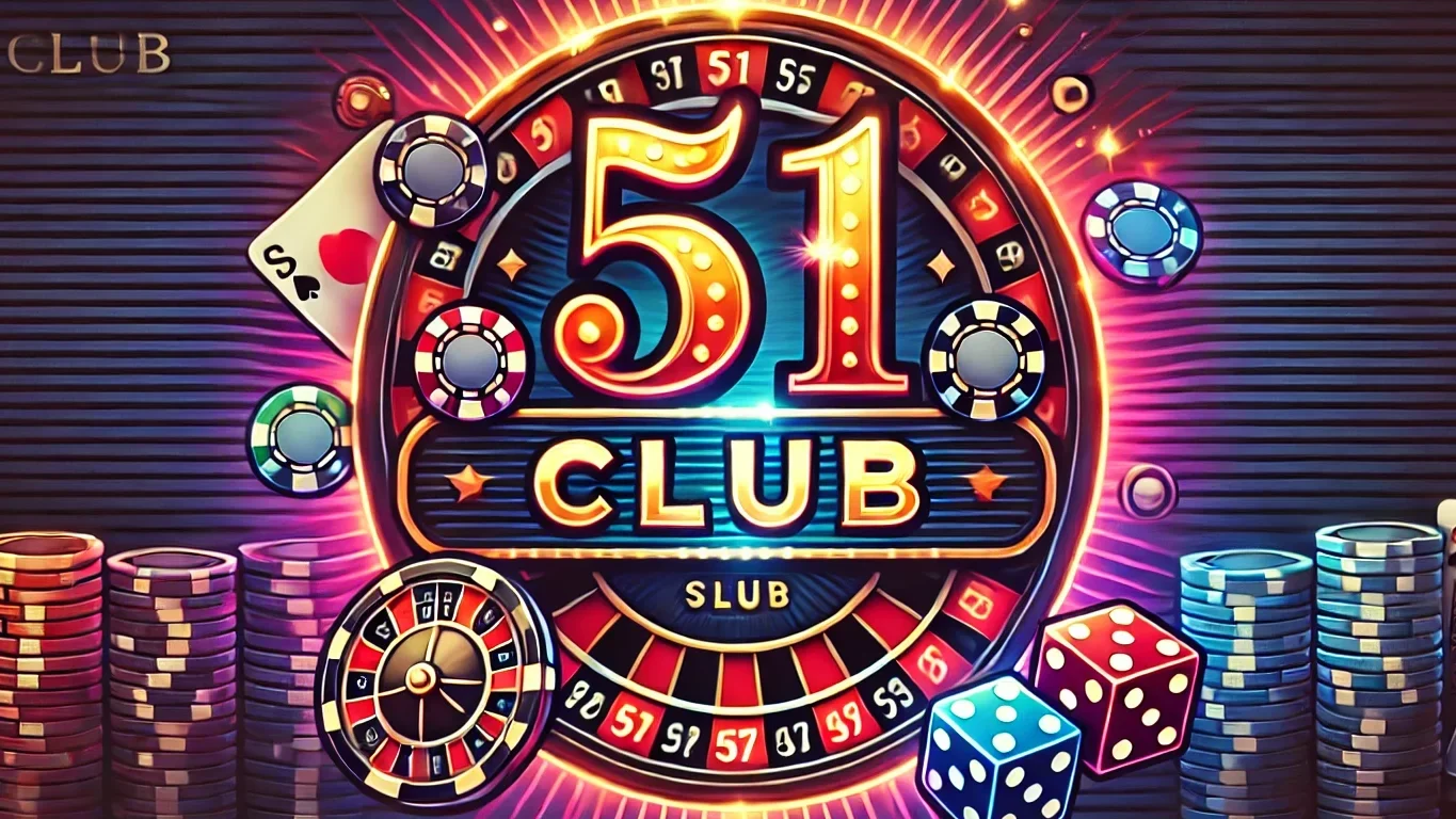 This image features a casino-style logo with the text "51 Club" in bold, vibrant colors. The background is dark and luxurious, creating a strong contrast. There are glowing casino elements, such as poker chips, dice, and a roulette wheel, giving it a flashy and exciting feel. The font is stylish and eye-catching, resembling classic casino signage with a bright, illuminated effect. The overall design looks sleek, professional, and perfect for a casino brand. Let me know if you’d like any changes!